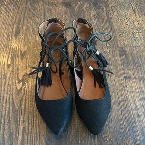 Qupid Black Lace-Up Flats with Tassels